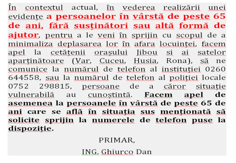 Jibou: Ajutor din partea Primăriei pentru persoanele peste 65 de ani