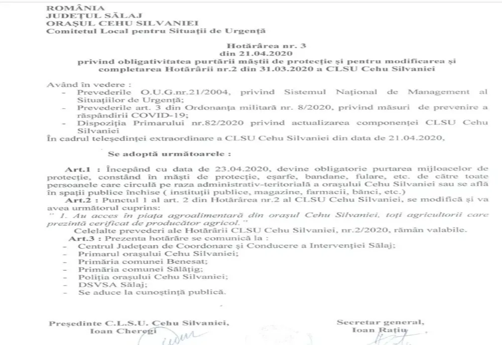 De mâine, în  Cehu Silvaniei este obligatorie purtarea măștilor de protecție