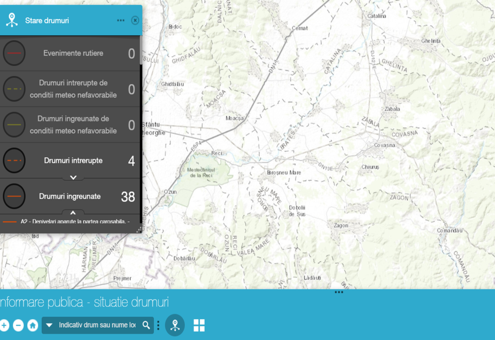 Hartă interactivă cu sectoarele de drum închise sau restricţionate, pe site-ul CNAIR