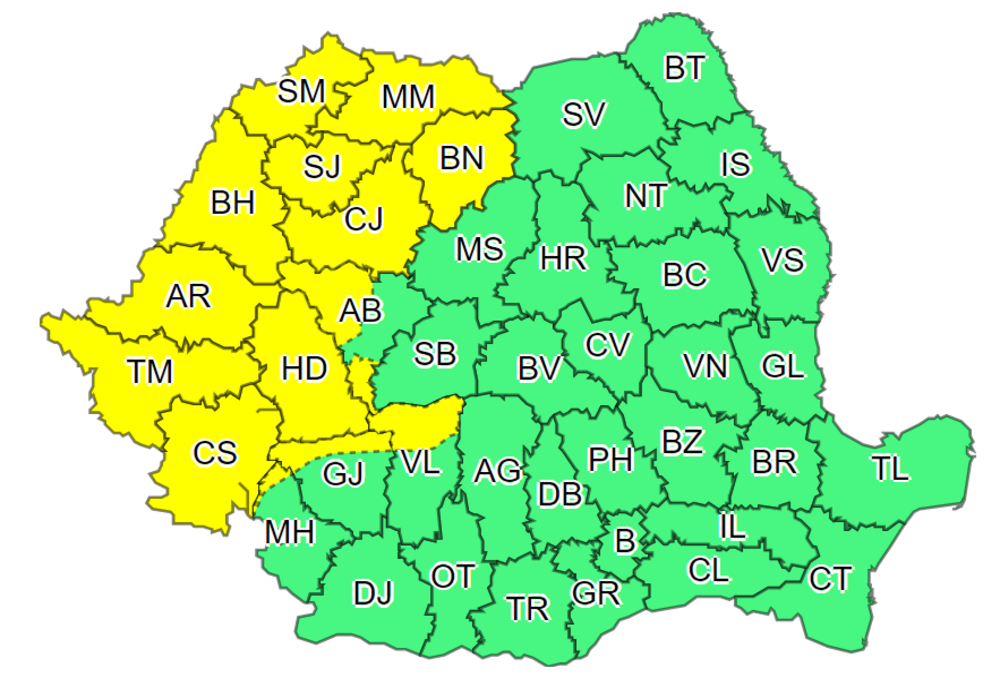COD GALBEN de ninsori și viscol la munte, emis pentru 14 județe din țară